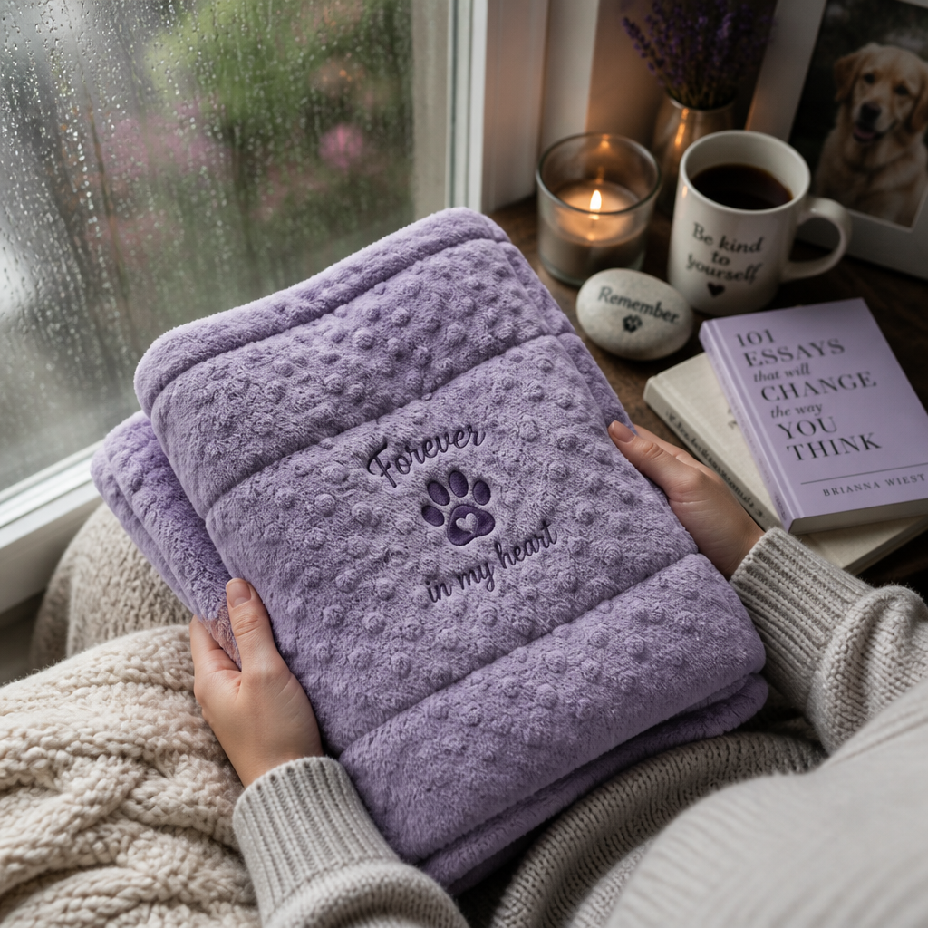 Overhead view of hands holding a soft memorial blanket near a window during a rainy day