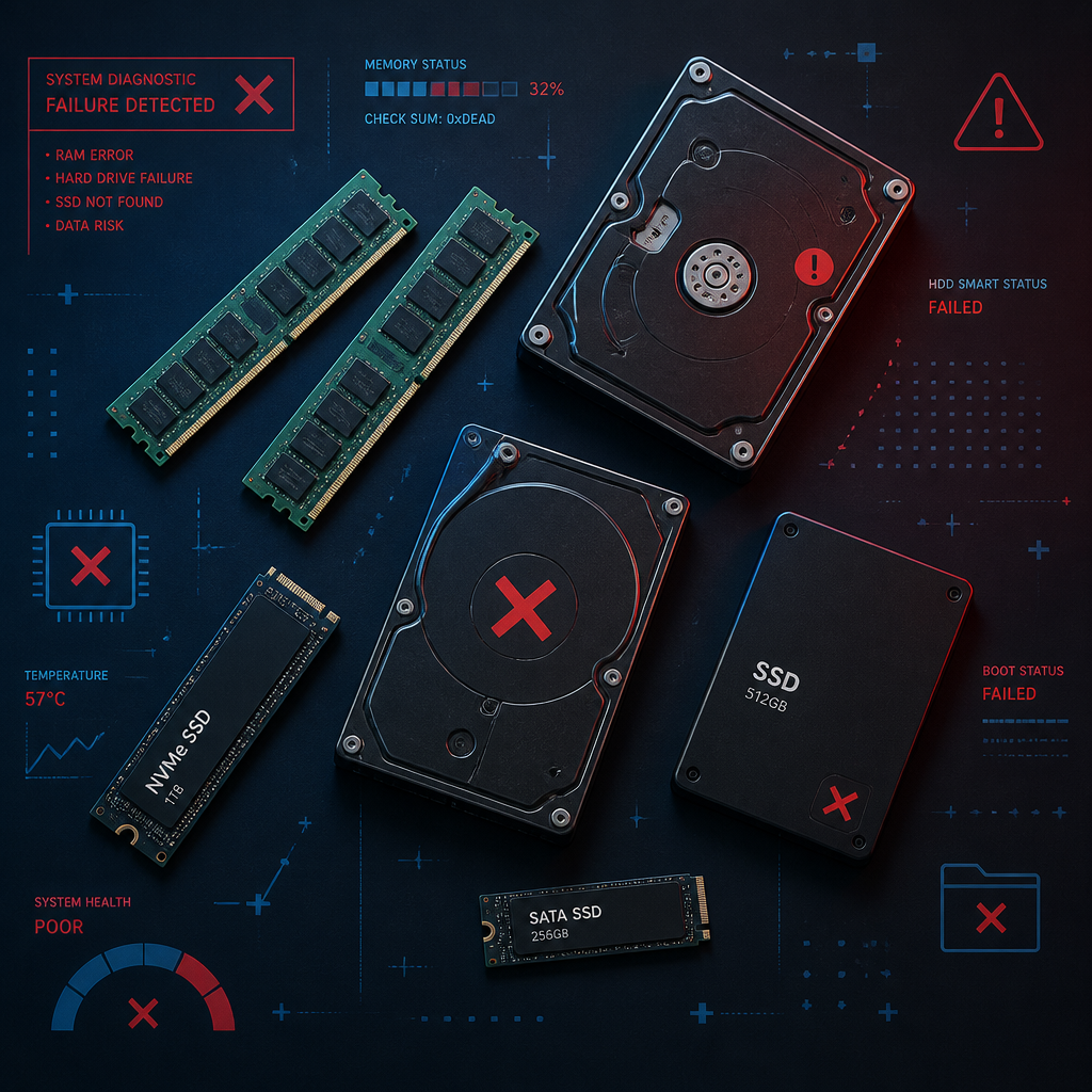 Computerkomponenter arrangeret med fejlsymboler til visualisering af hardwareproblemer