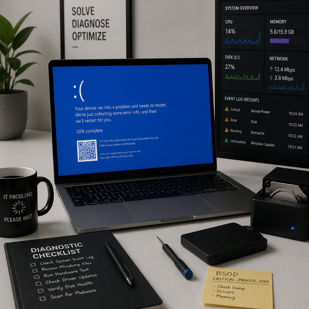 Bærbar computer med fejlskærm i IT-supportmiljø