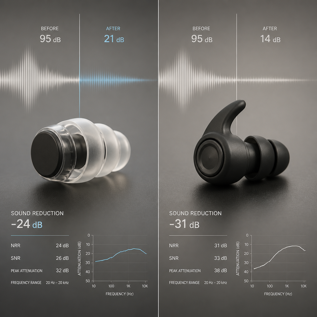 Side-by-side comparison of two earplug designs with acoustic performance indicators