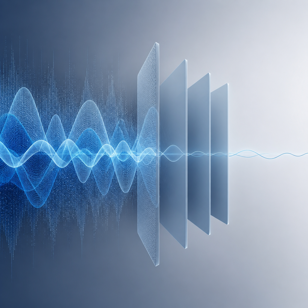 Abstract sound waves demonstrating progressive noise reduction and attenuation
