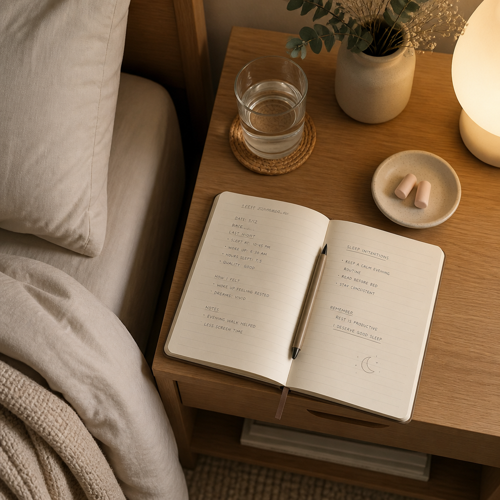 Peaceful nightstand arrangement suggesting sleep preparation and comfort solutions