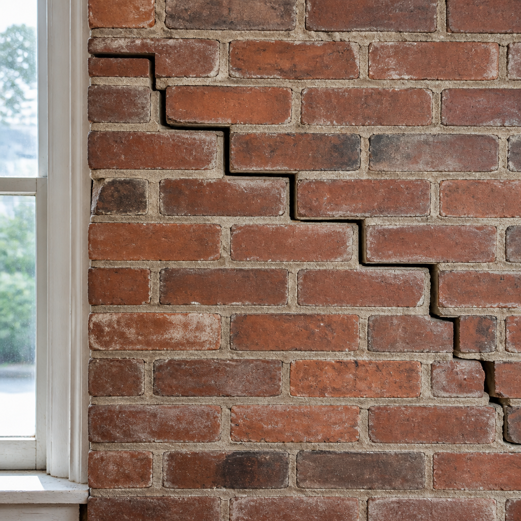 Fissures en escalier sur un mur de brique ancien mettant en évidence les dégâts structurels