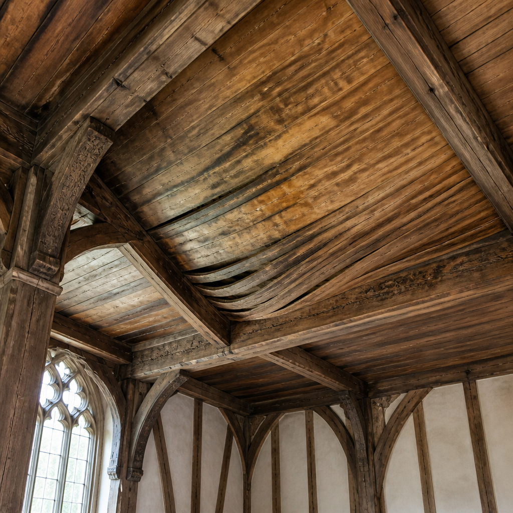 Charpente et plancher en bois dégradés dans un bâtiment ancien montrant la déformation du bois