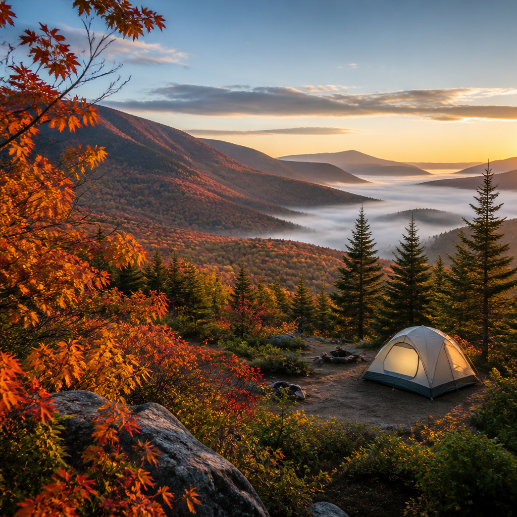 Vermont Green Mountains in fall foliage with early autumn mist and golden hour lighting