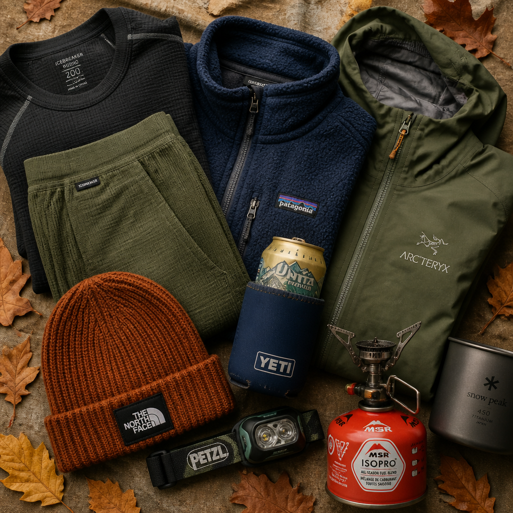 Flat-lay of cold-weather camping gear and clothing layers with beverage insulator