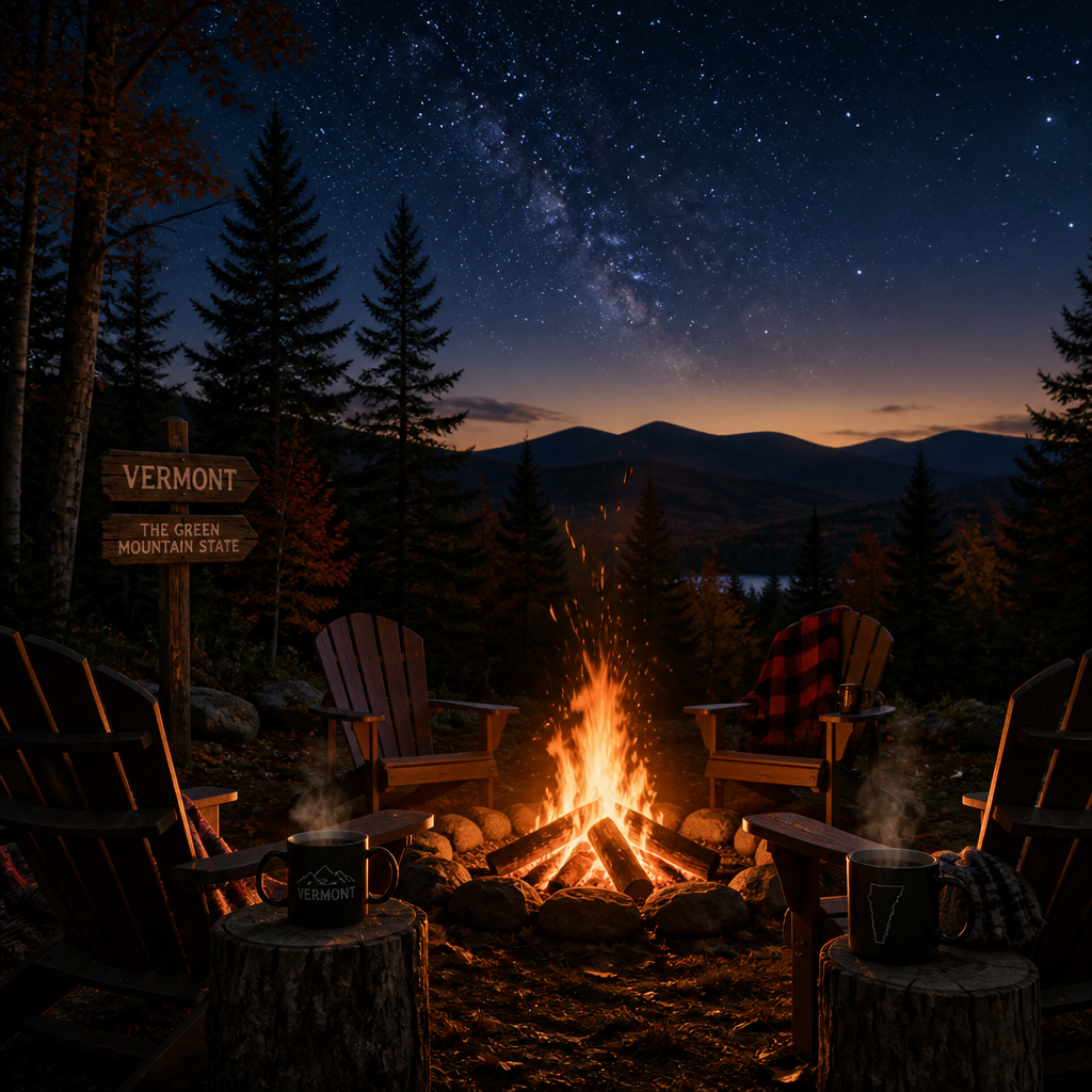 Campfire at dusk in Vermont autumn mountains with glowing flames and starry sky