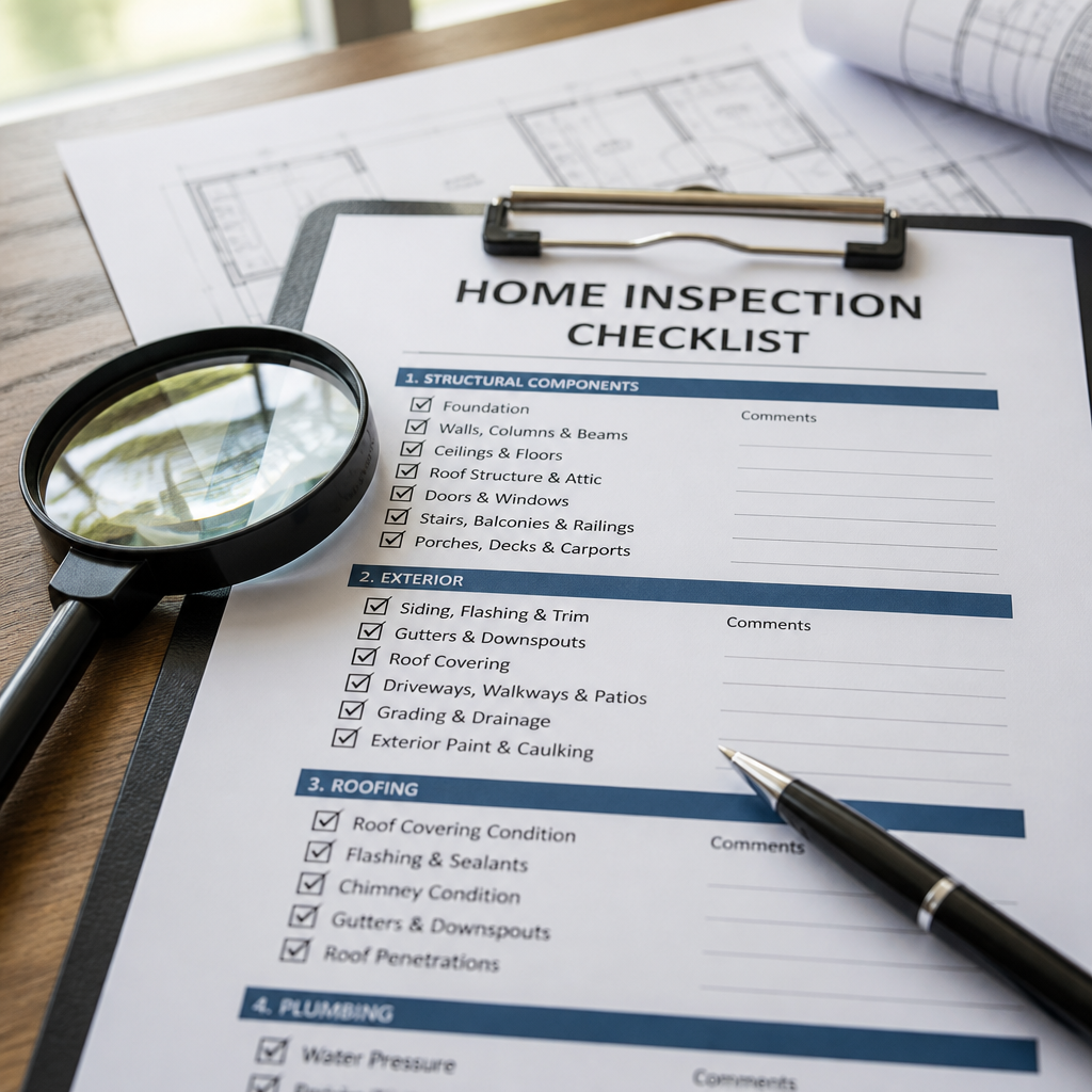Close-up of home inspection checklist with magnifying glass and clipboard on wooden table