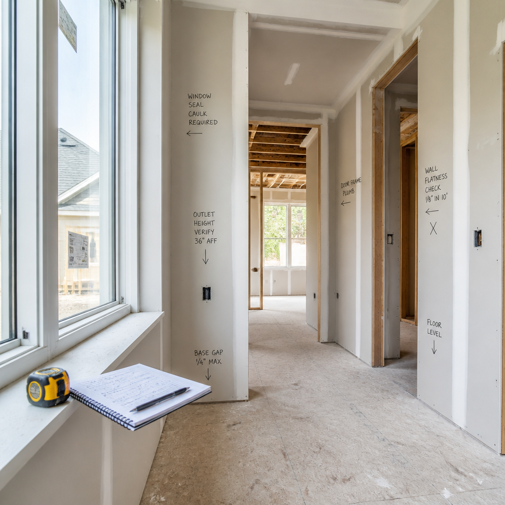 Interior of new home under inspection showing walls, doorways, and structural details