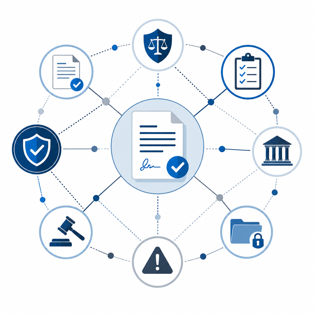 Abstract icons representing legal protection, compliance, and inspection verification