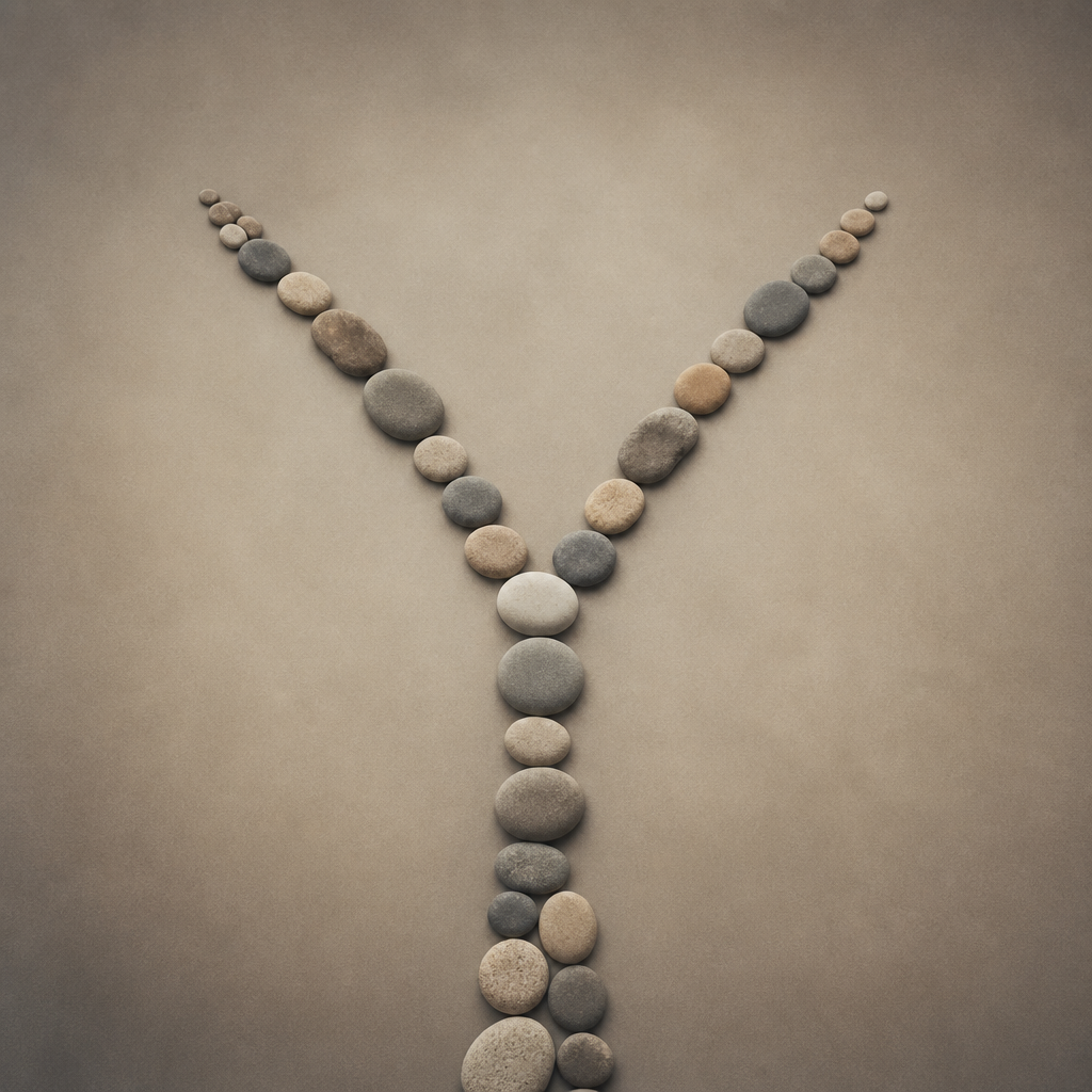 Fork in the road symbol representing a career crossroads, minimalist composition with two equally viable paths