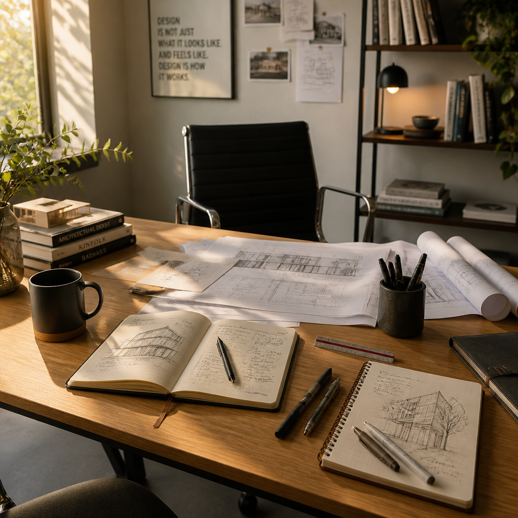 Career planning workspace with notebooks and sketches, representing active decision-making and career transformation