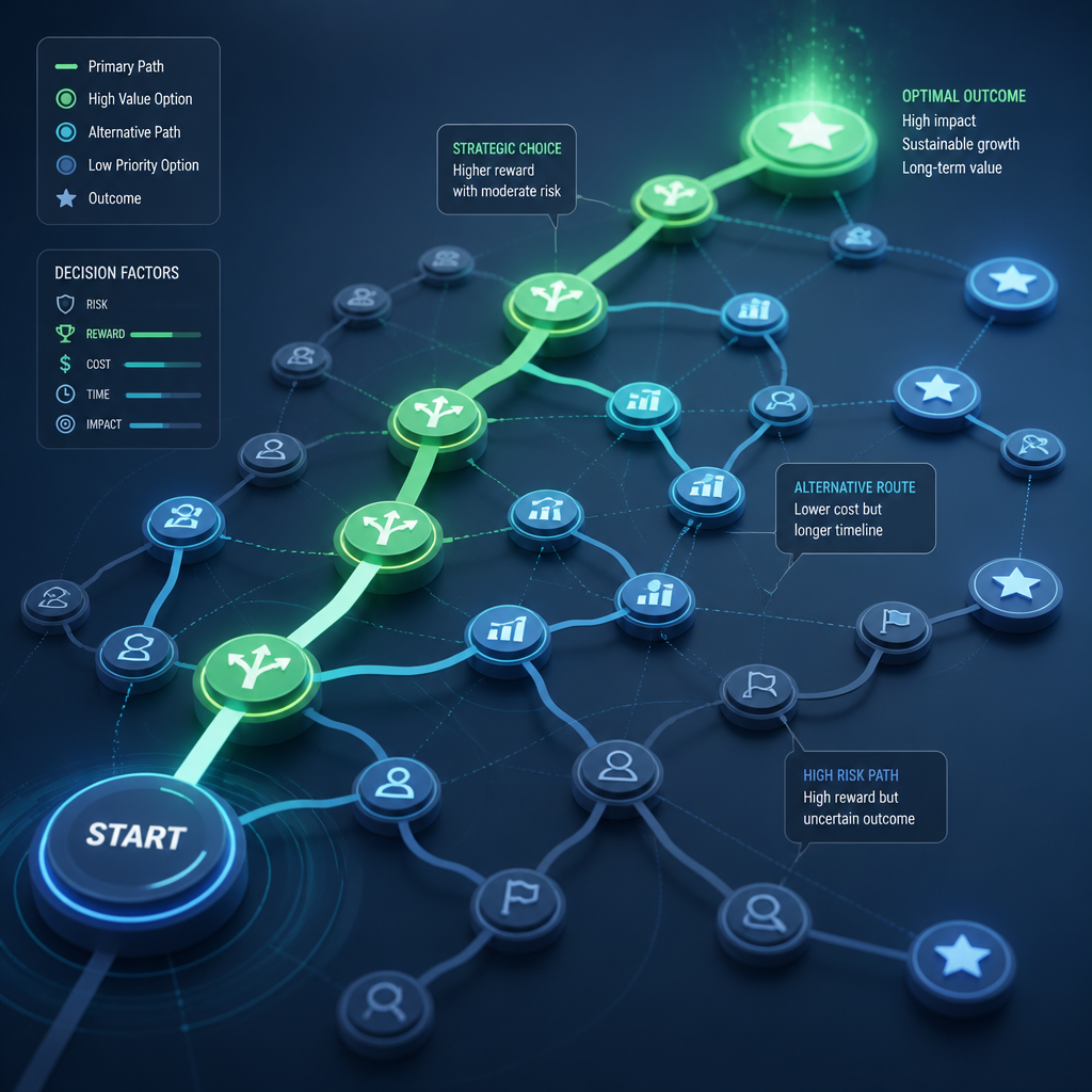 Abstract network visualization showing interconnected career paths and options, representing strategic career choices