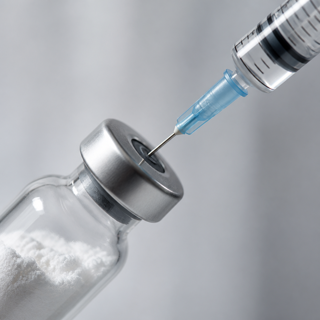 Macro shot of syringe and sealed vial showing injection preparation