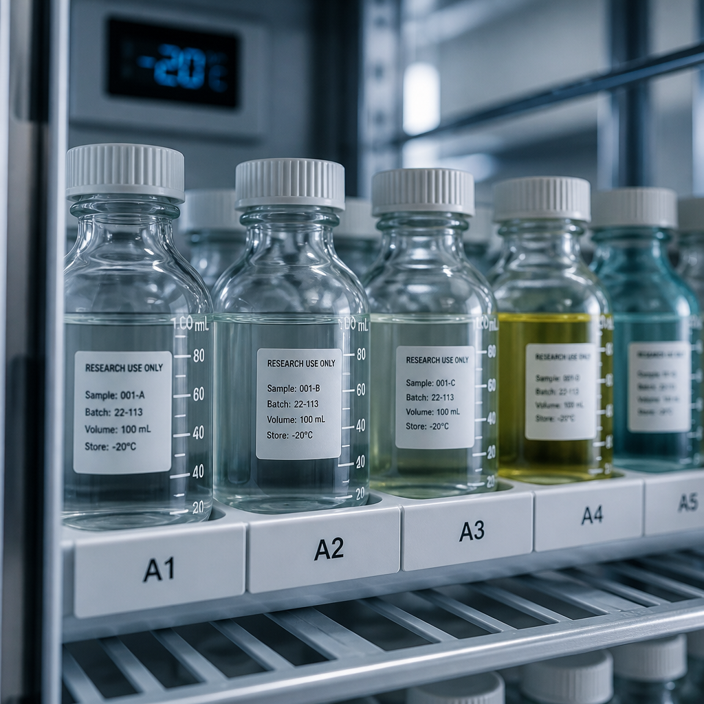 Organized laboratory vials in temperature-controlled storage rack