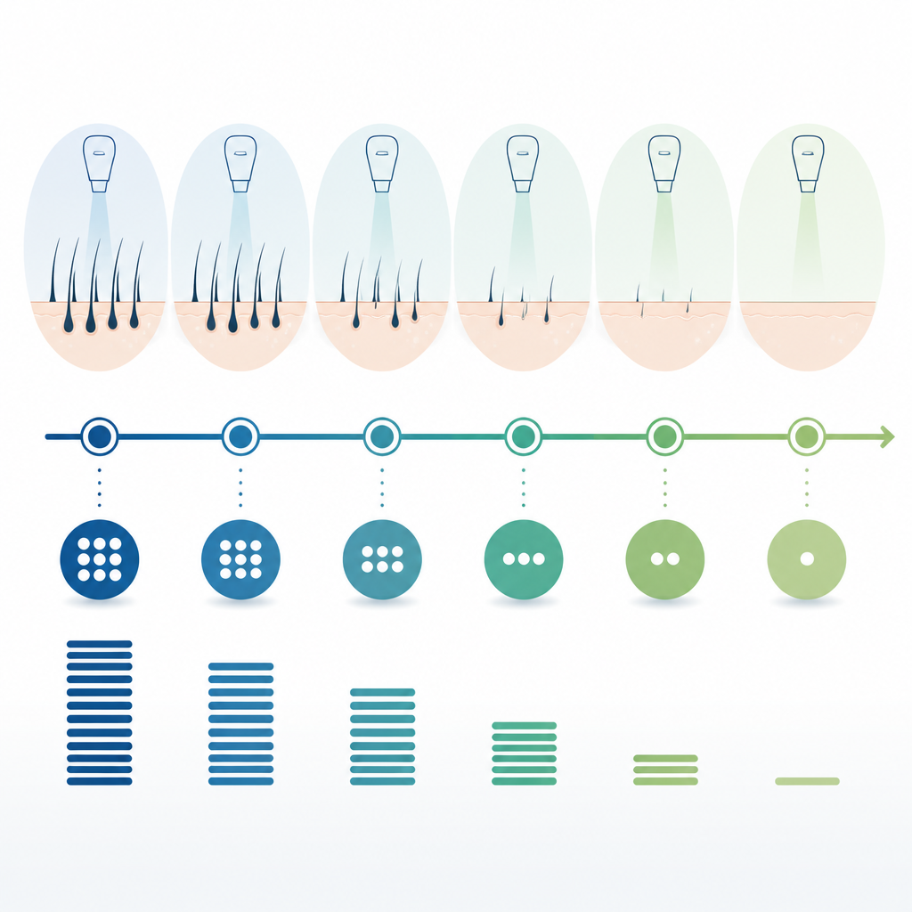 Abstract timeline visualization of hair reduction progress across multiple treatment sessions