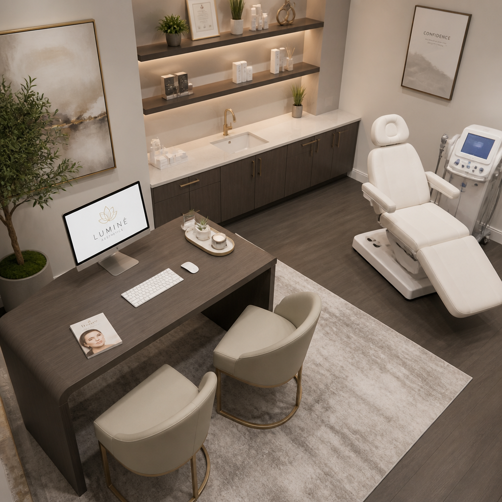 Modern professional treatment room with minimalist design and clinical lighting