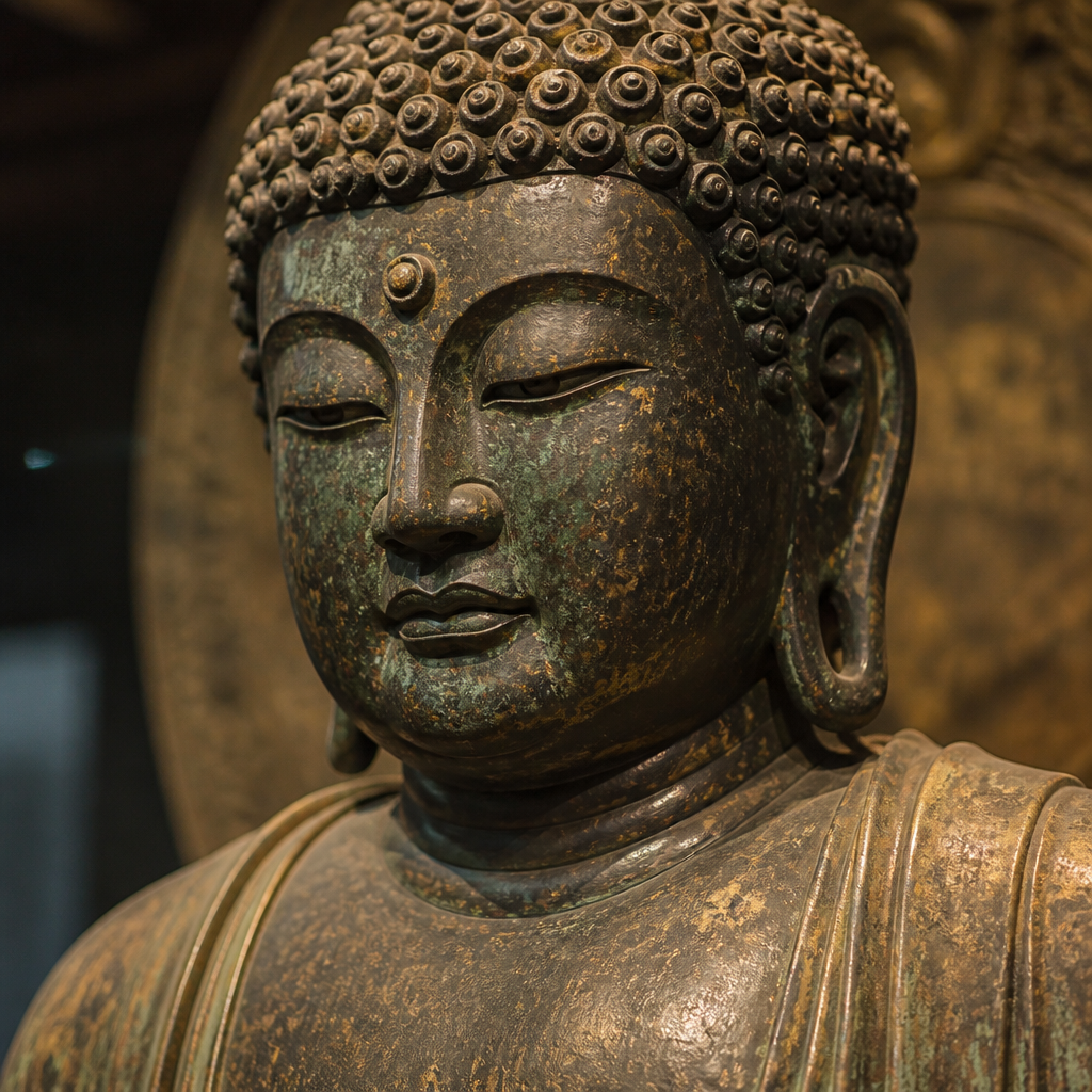 Detail of an ancient bronze Buddha statue showing face and shoulders with classical proportions and patina
