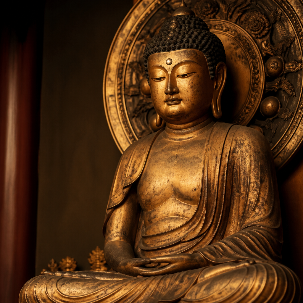 Golden wooden Amida Buddha statue with elegant Heian period styling and contemplative expression