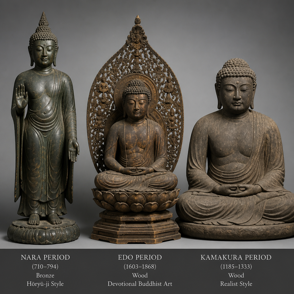 Three Buddha statues from different Japanese historical periods displayed for visual comparison of artistic evolution