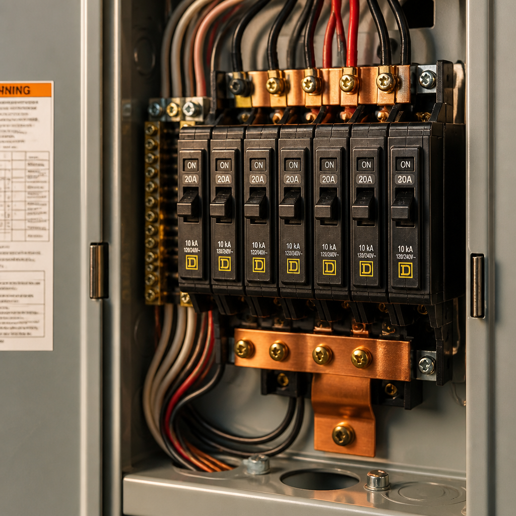 Close-up of residential electrical panel with circuit breakers and copper wiring