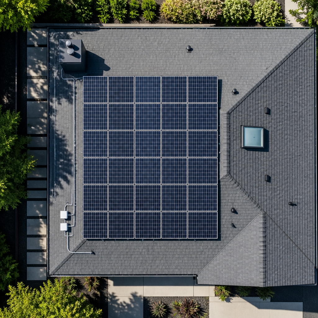 Overhead view of solar panel array installed on residential roofline