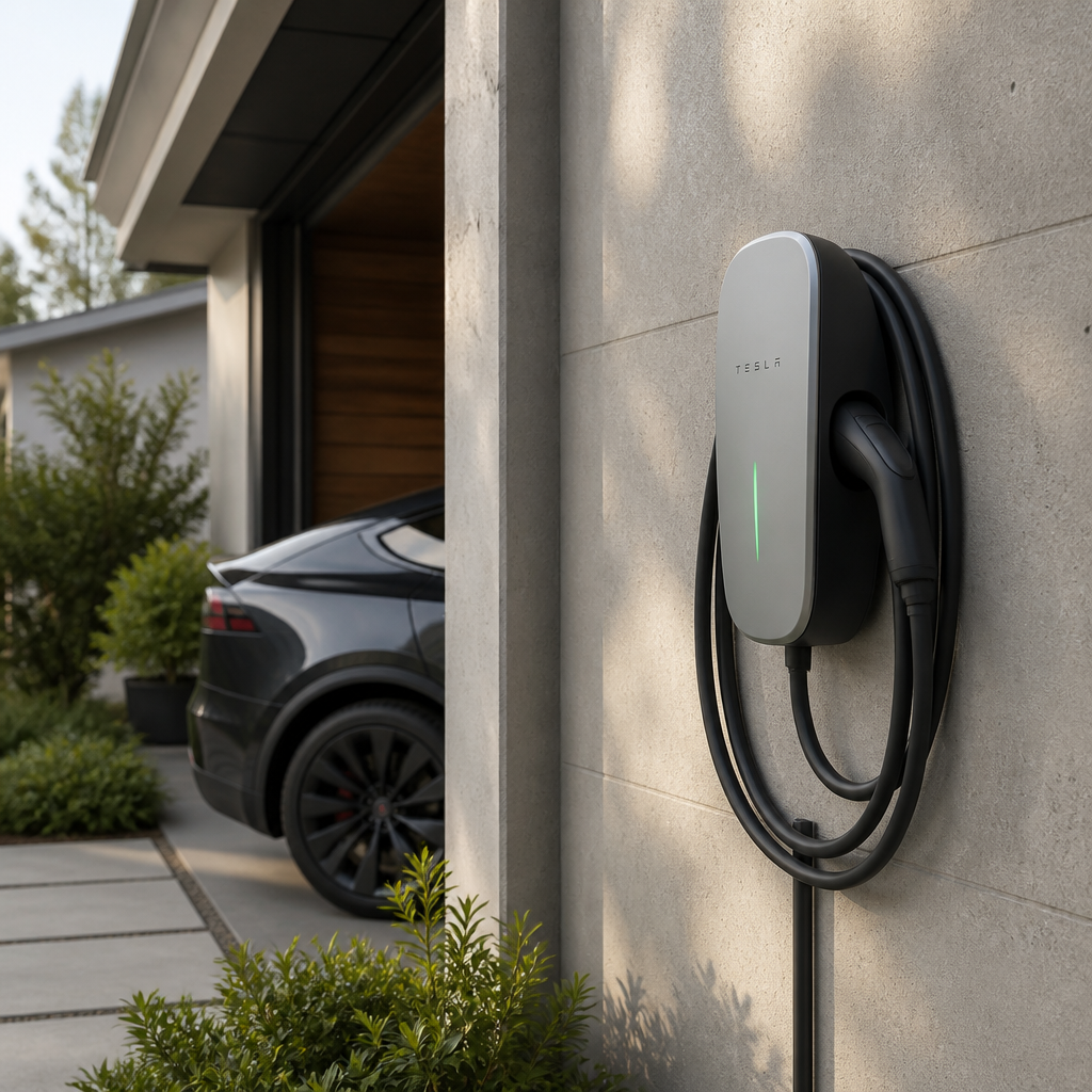 Modern EV charging station mounted on residential garage exterior wall