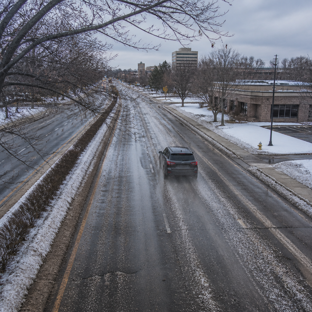 Winter road conditions in Chicago suburbs showing salt, gravel, and environmental hazards to vehicle paint