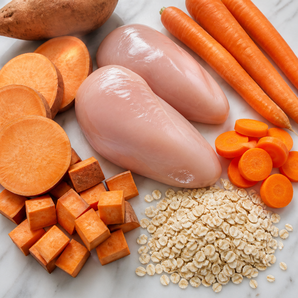 Premium dog treat ingredients arranged on a marble surface including chicken, sweet potato, carrots, and oats