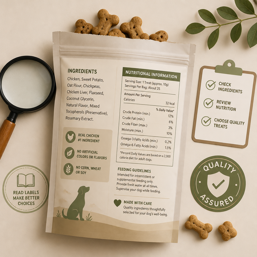 Pet treat packaging label with magnifying glass and checklist symbolizing quality verification and ingredient transparency