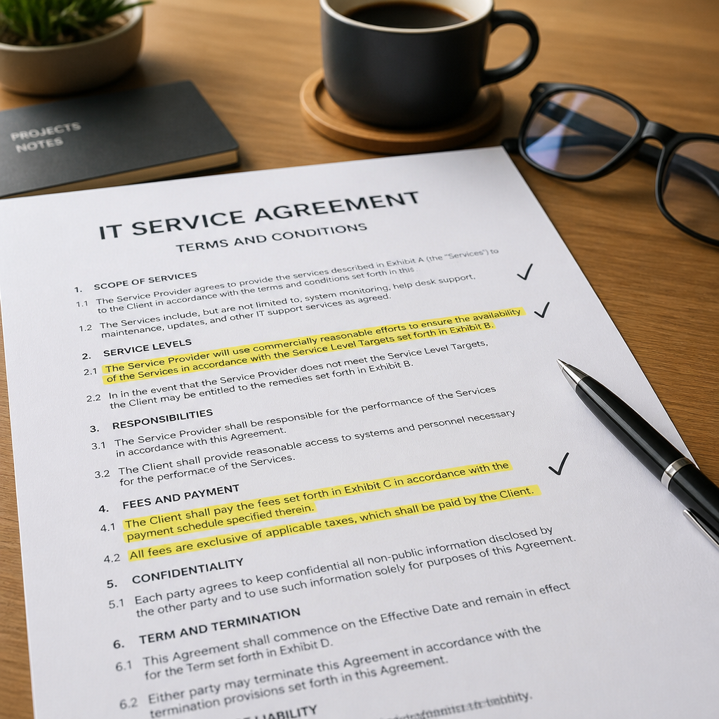 Kontraktdokument med pen på kontorskrivebord, symbolisering af IT-serviceaftale-gennemgang