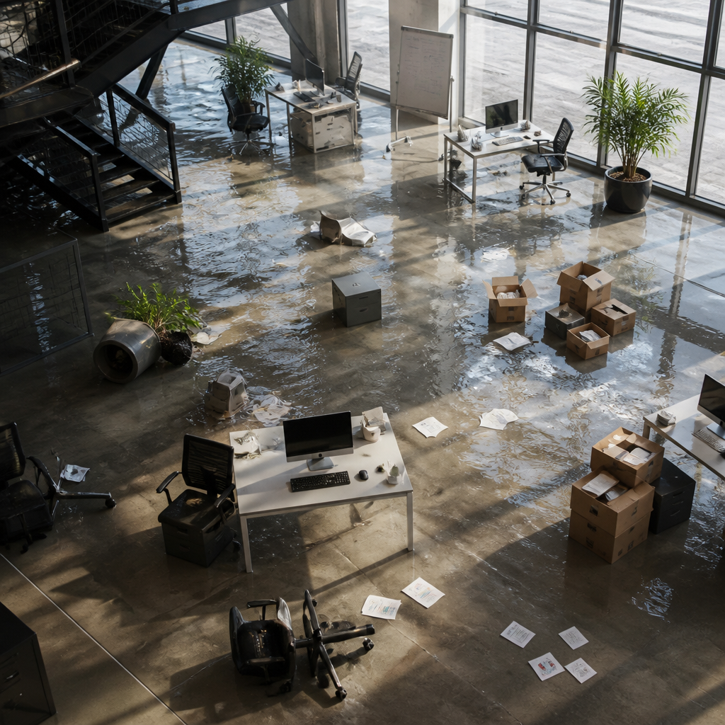 Aerial view of flooded commercial office space with water damage and displaced furniture