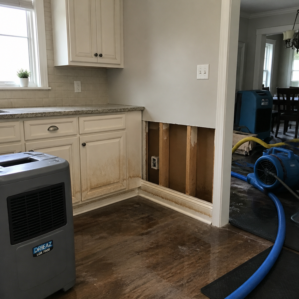 Home kitchen showing water damage evidence and professional drying equipment
