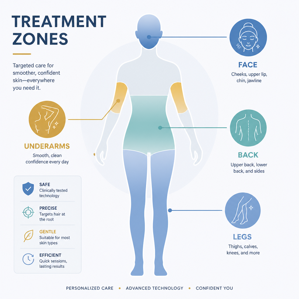 Abstract body map infographic showing different laser treatment zones