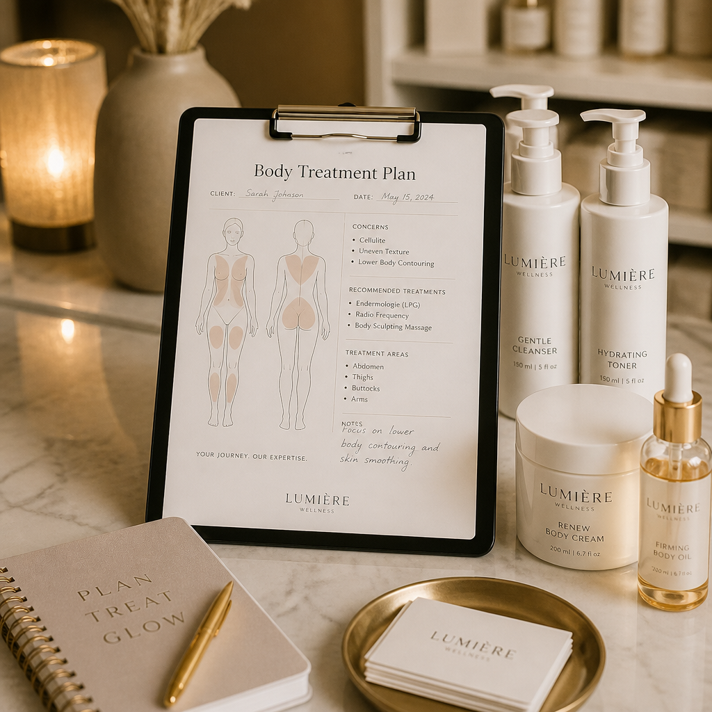 Consultation setup with body treatment chart and professional skincare materials
