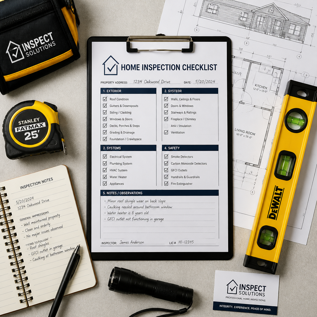 Professional home inspection checklist and tools laid out for a property assessment