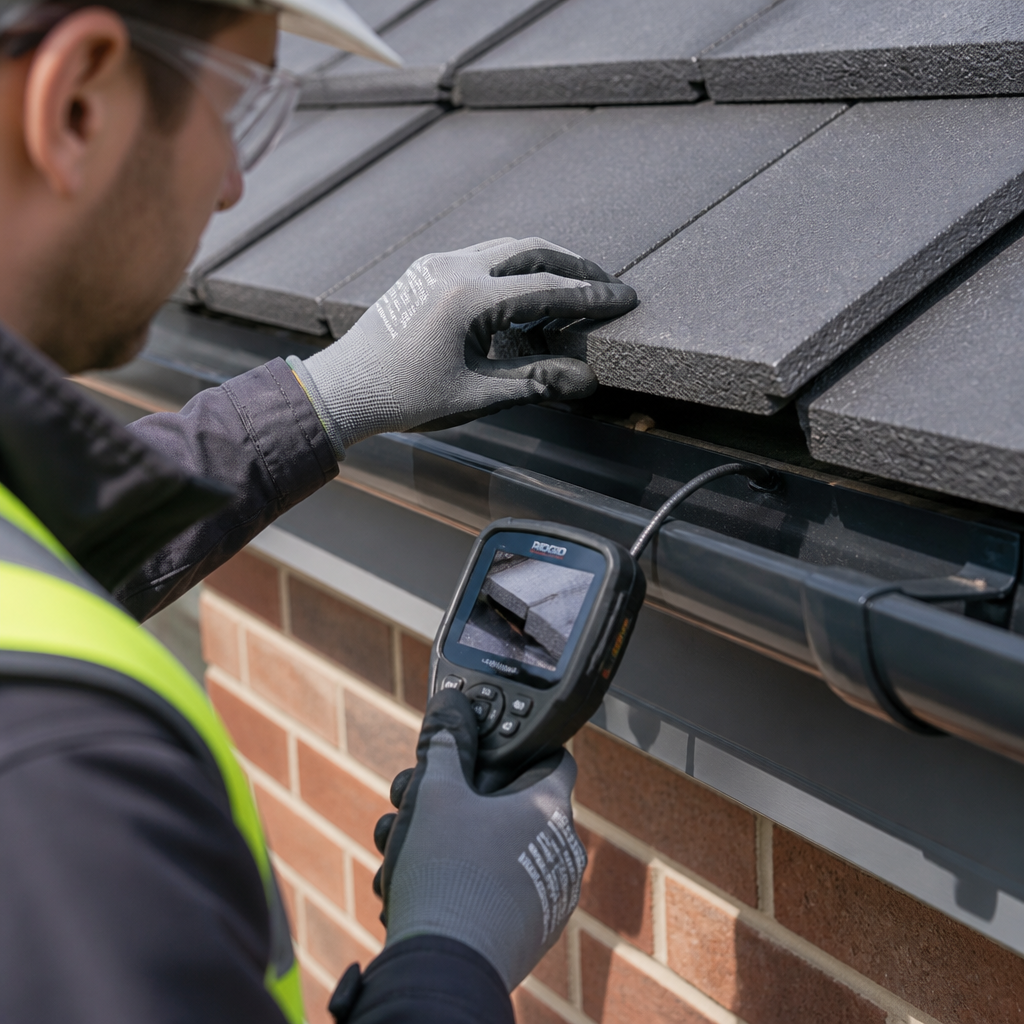 Licensed inspector examining roof and guttering details on new home exterior