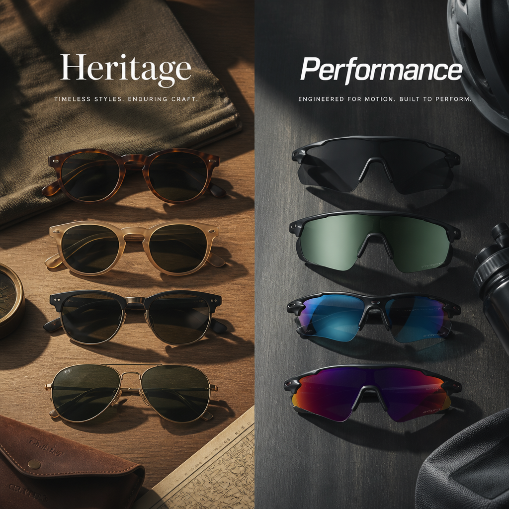 Two sunglasses styles displayed side by side representing classic heritage design and performance engineering