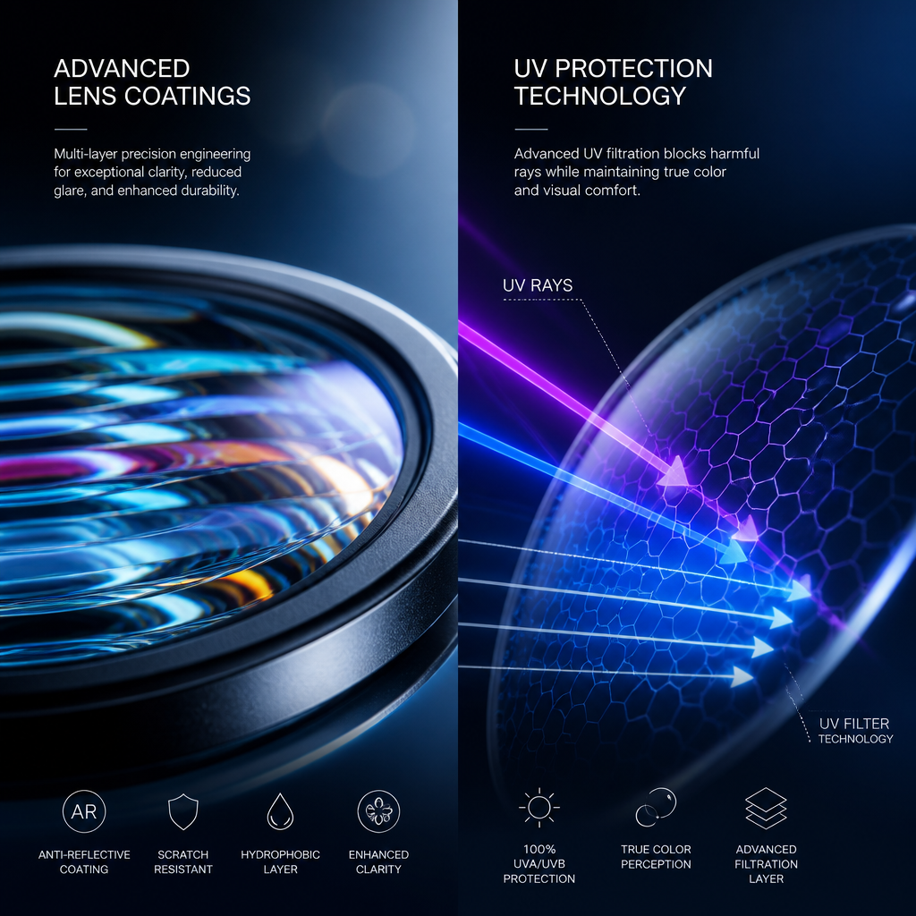 Abstract lens technology comparison showing optical precision and UV protection features