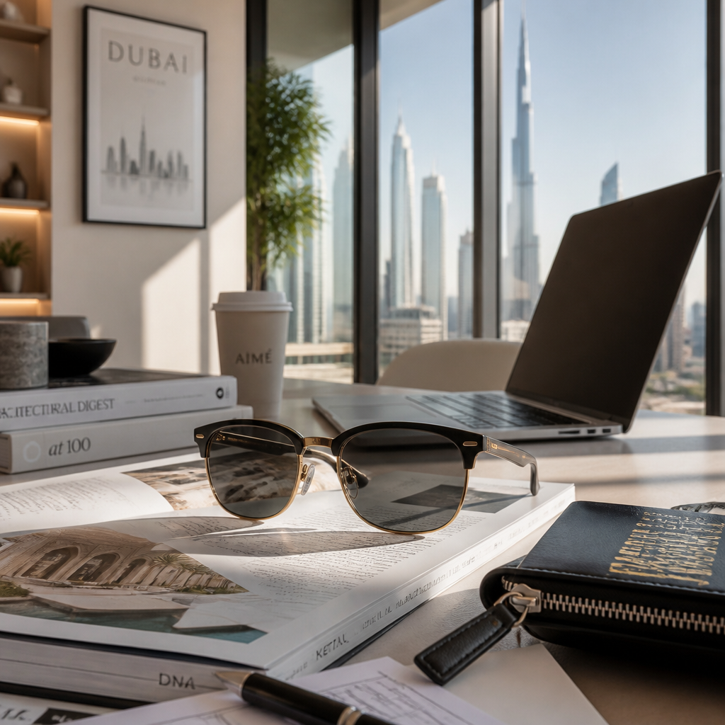 Premium sunglasses in a modern UAE lifestyle workspace setting with natural light and contemporary design elements