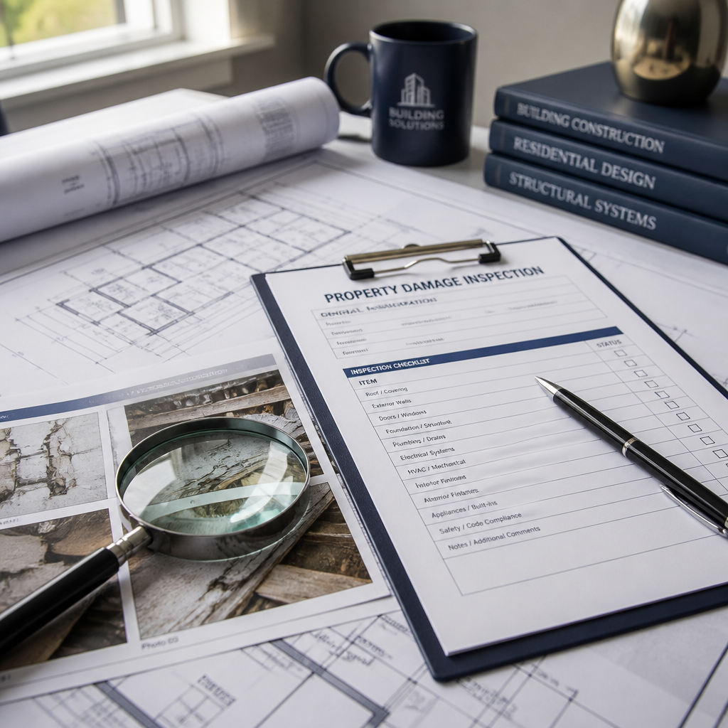 Espace de travail professionnel avec plans architecturaux et documents d'expertise de sinistre