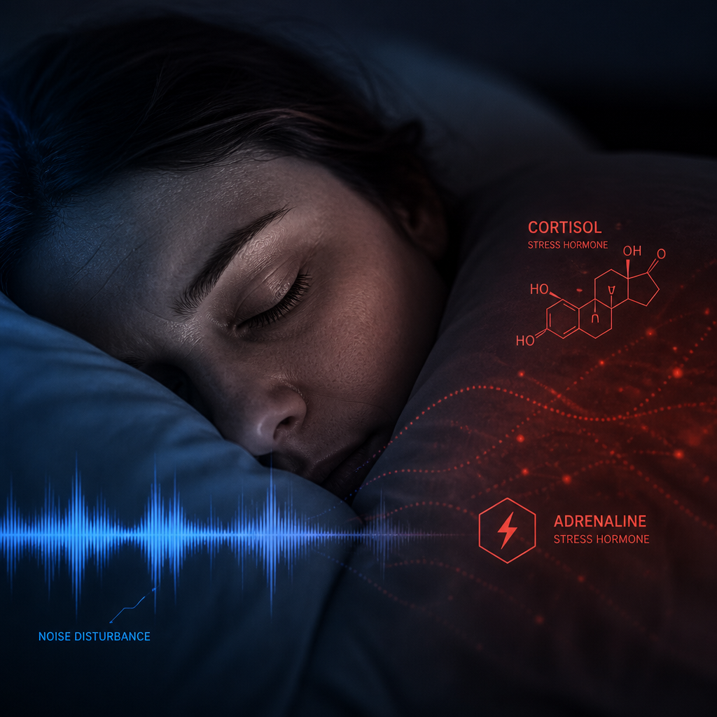 Visualization of stress hormones and sound waves affecting a sleeping person's brain