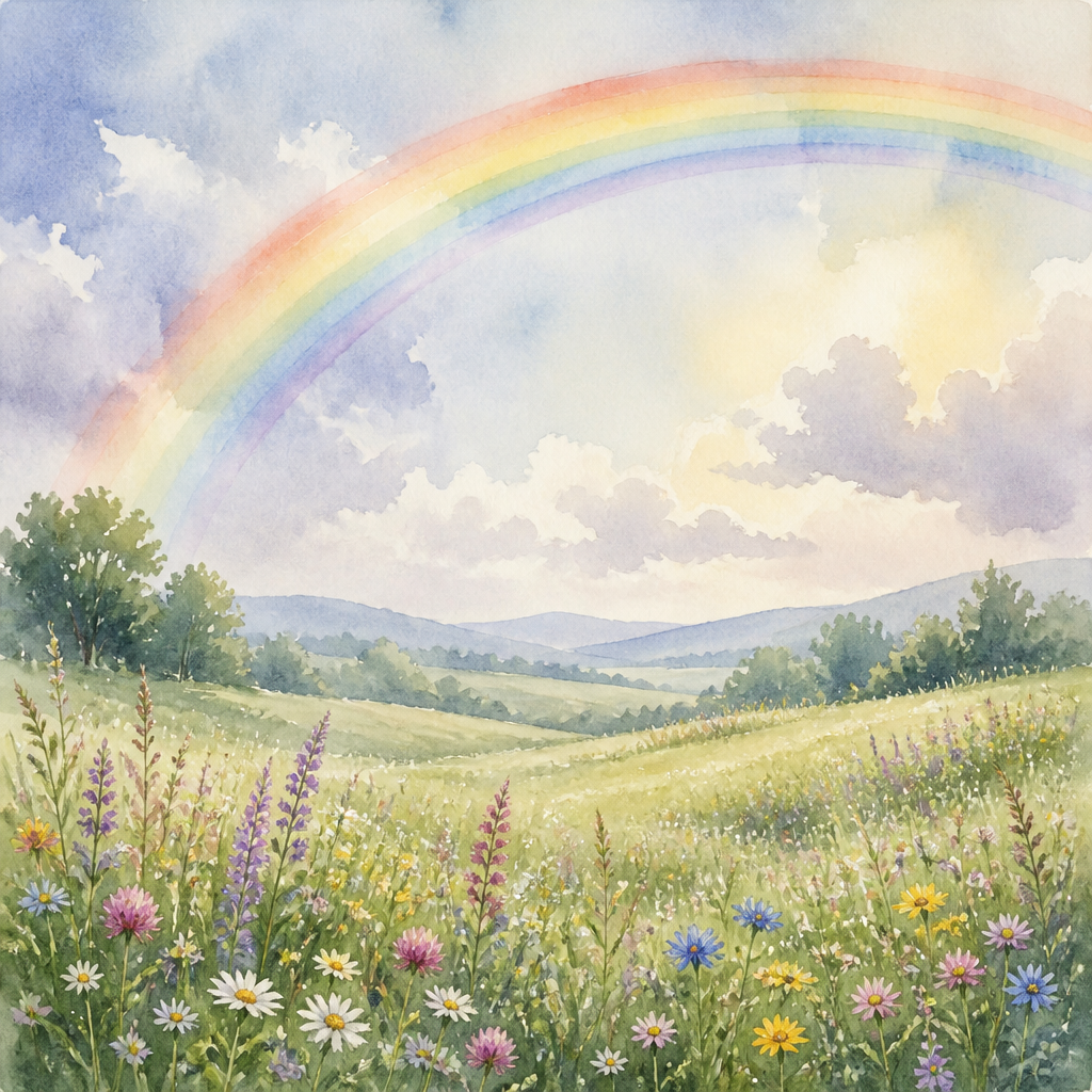Soft watercolor painting of a rainbow over a flowering meadow