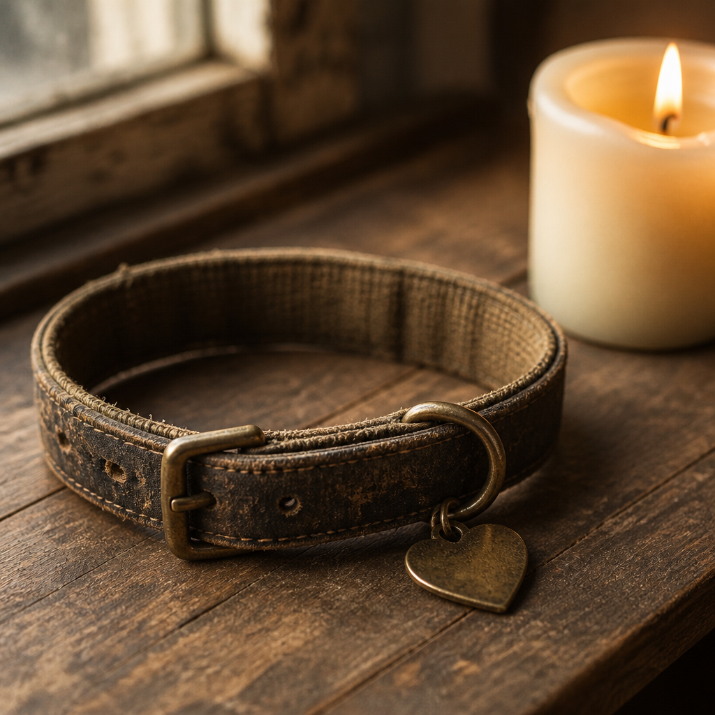 Empty pet collar placed on wooden surface with warm lighting