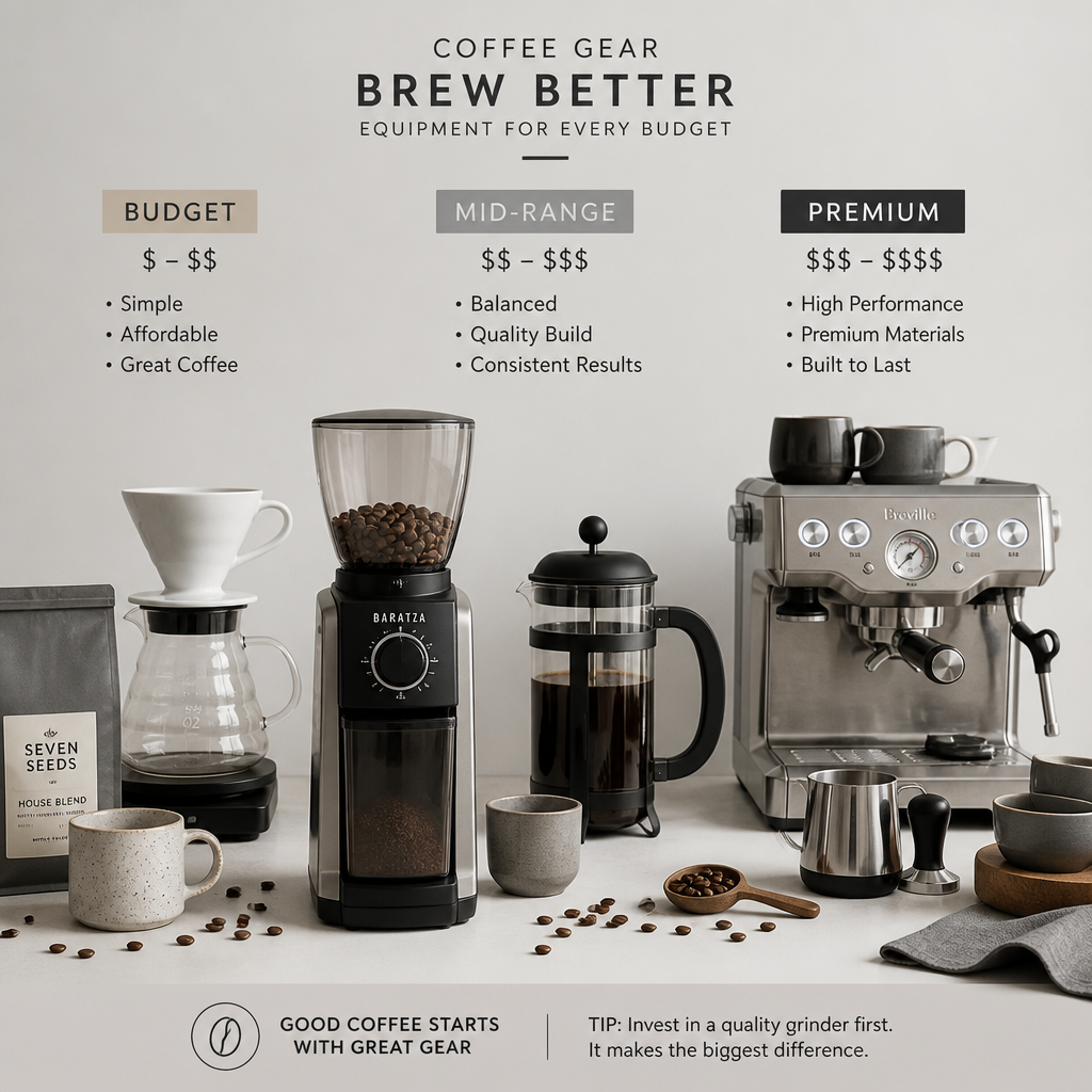 Budget-to-premium coffee brewing equipment arranged by price tier with burr grinder in focus