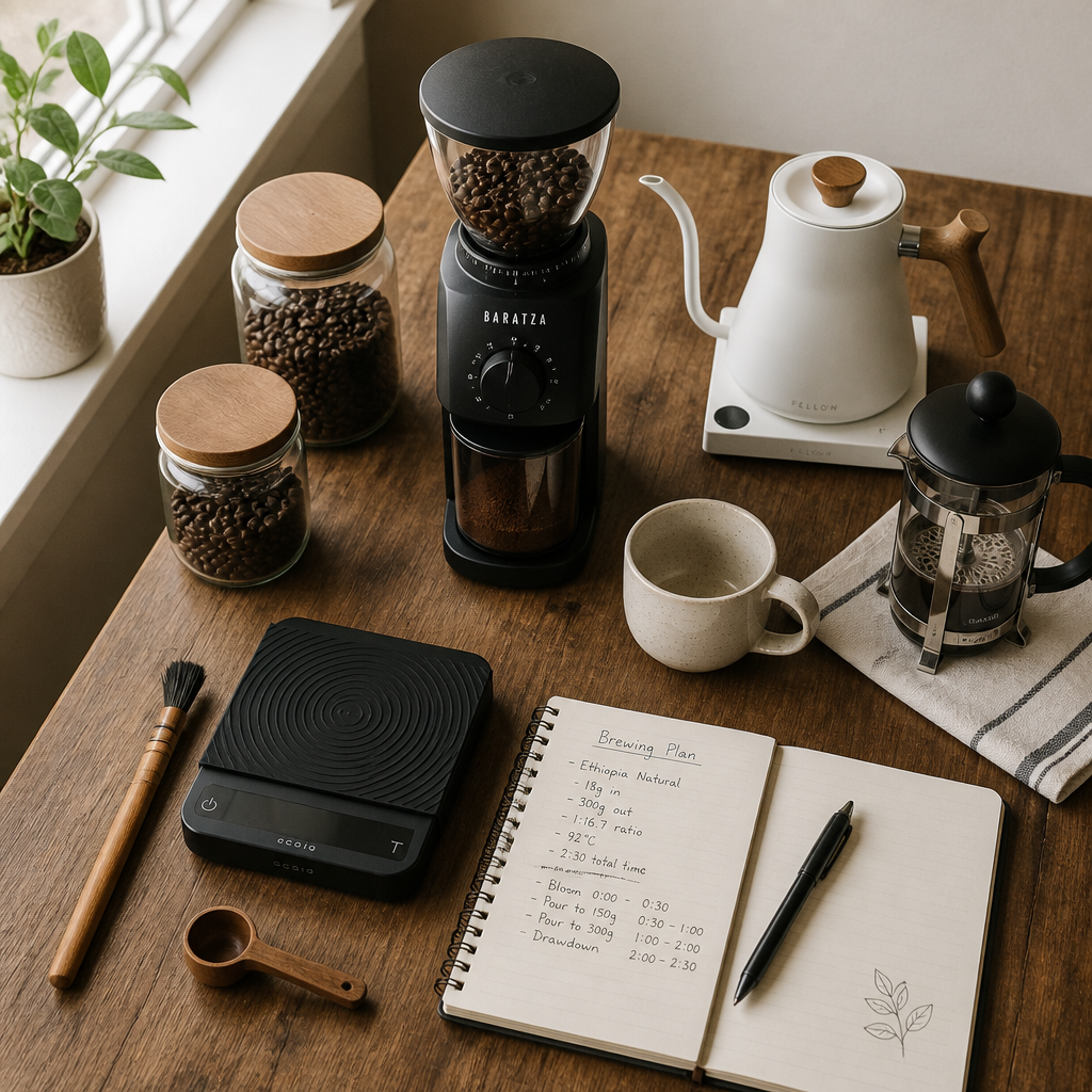 Home coffee brewing station workspace with grinder, French press, and coffee accessories