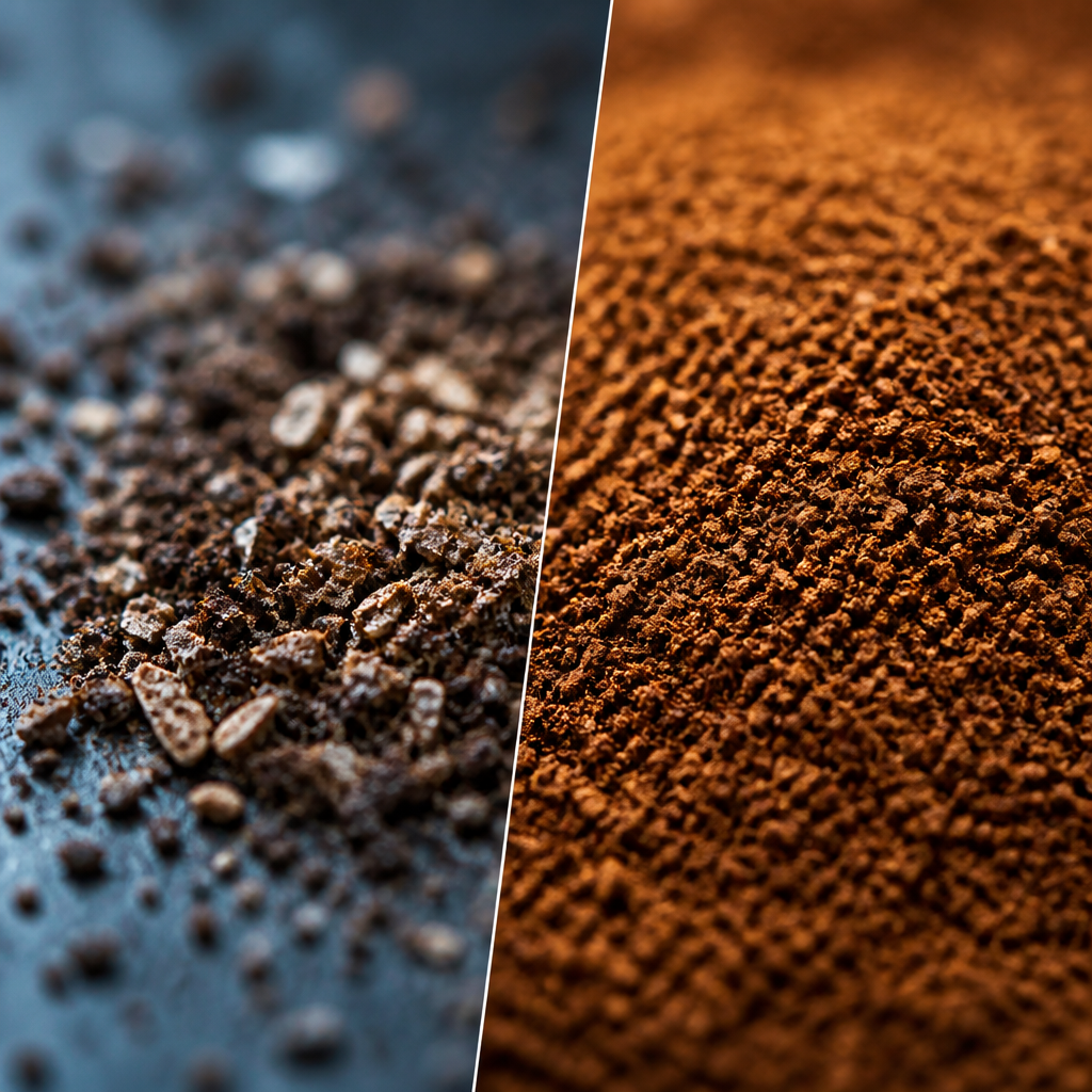 Close-up comparison of inconsistent blade-ground coffee versus uniform burr-ground coffee particles