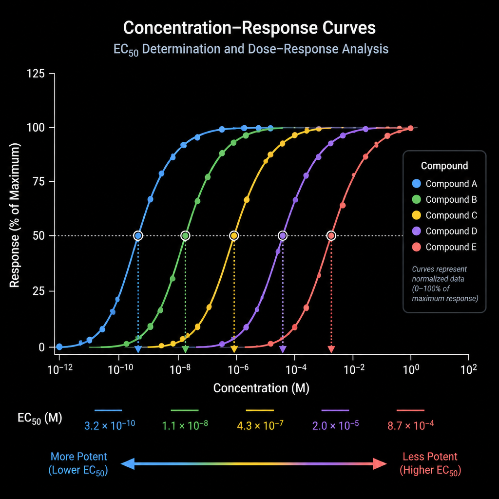 Concentration-response curves and EC50 data visualization on dark background