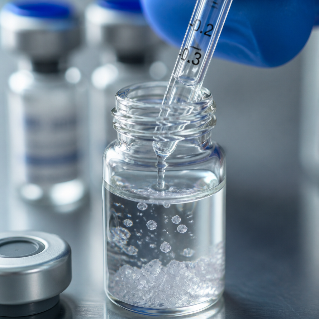 Peptide reconstitution process showing careful solution preparation