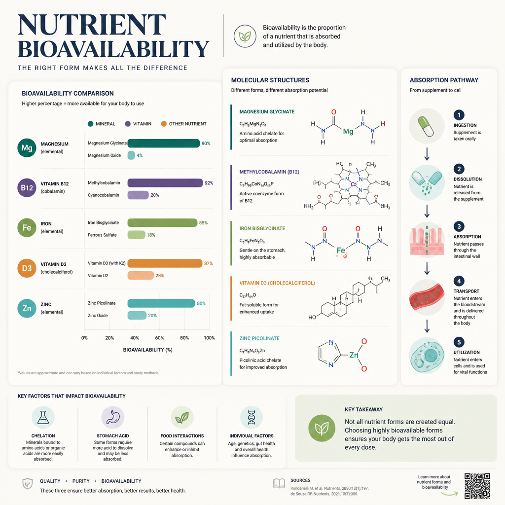 Data visualization comparing nutrient forms and absorption rates with charts and molecular graphics